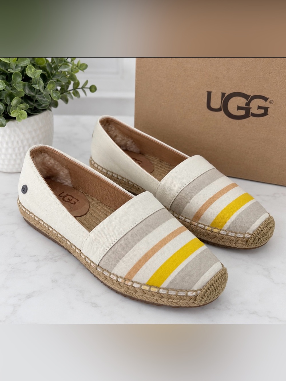UGG Womenβs Espadrille Slip-Ons in Cream with Yellow and Tan Stripes Size 7.5